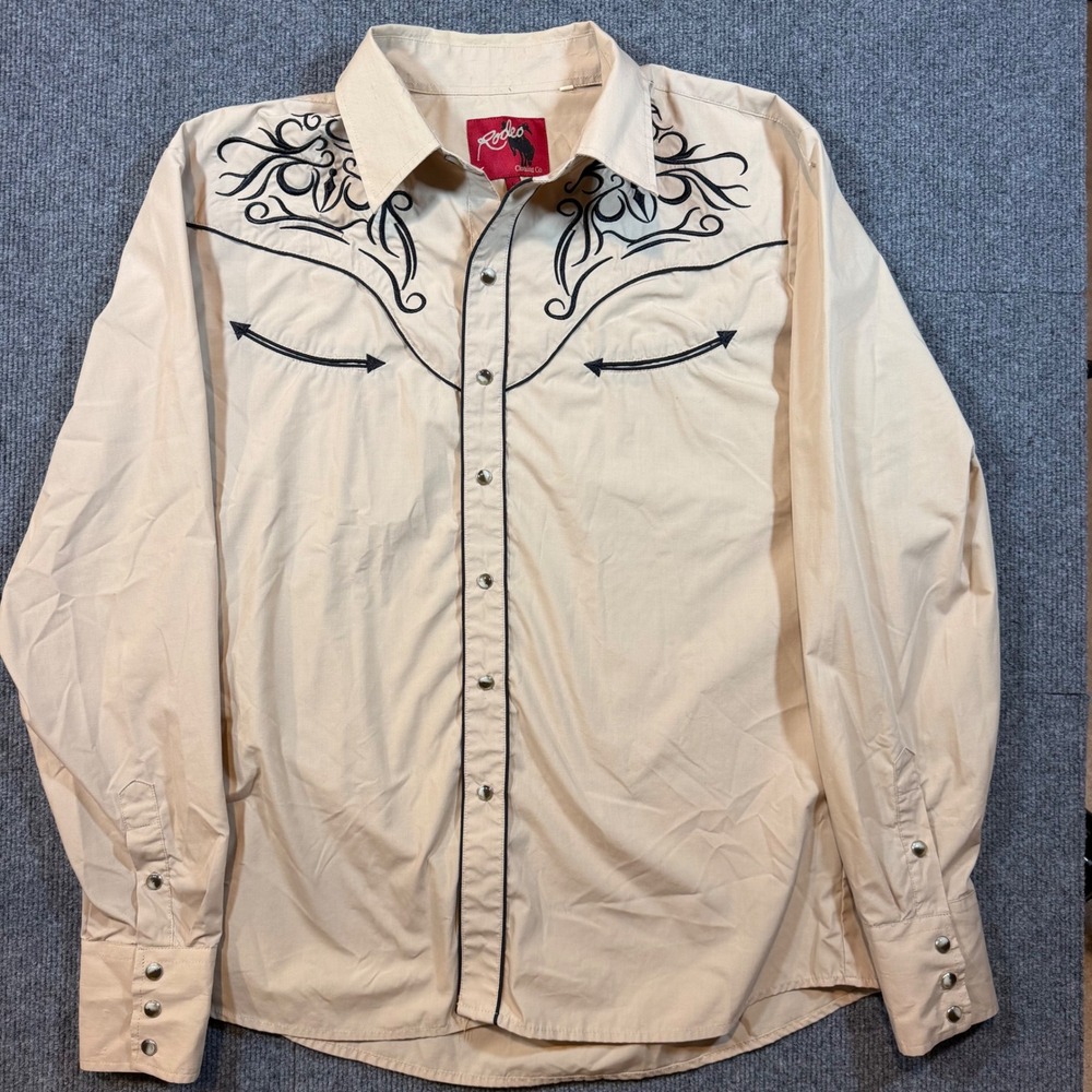 Rodeo Clothing Co Mens Tan Embroidered Western Snap Shirt Large Cowboy L/S